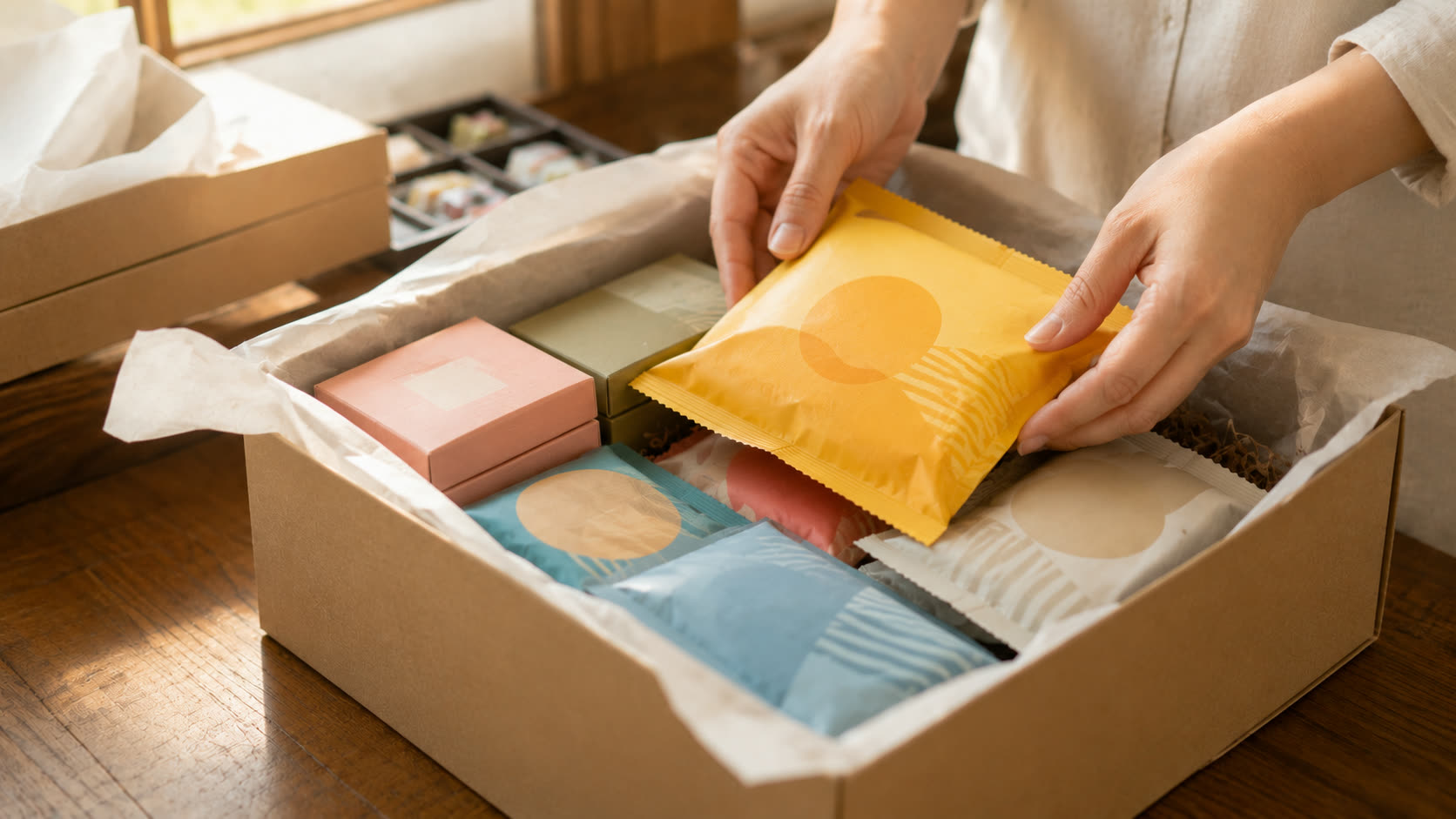 オリジナルのギフト箱にお菓子を詰めるスタッフの手元