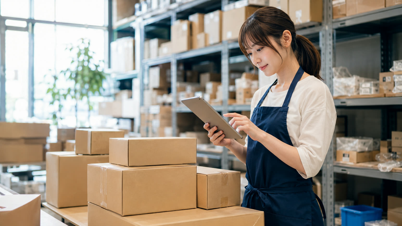 タブレットで在庫を確認するEC・小売・卸事業のスタッフ