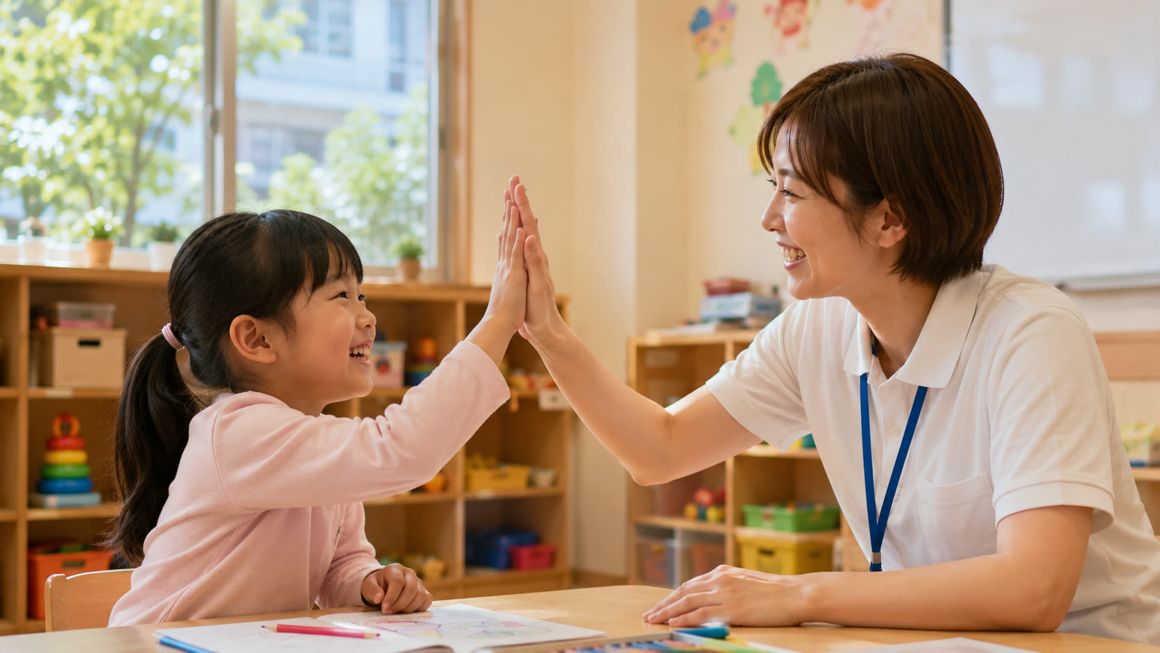 放課後等デイサービスiHomeで支援員とハイタッチする子ども